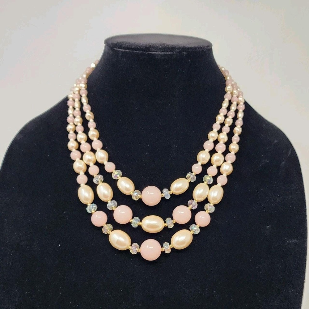 Vintage 18" Three Strand Necklace Faux Pearls Pink Beads & AB Crystals Romantic